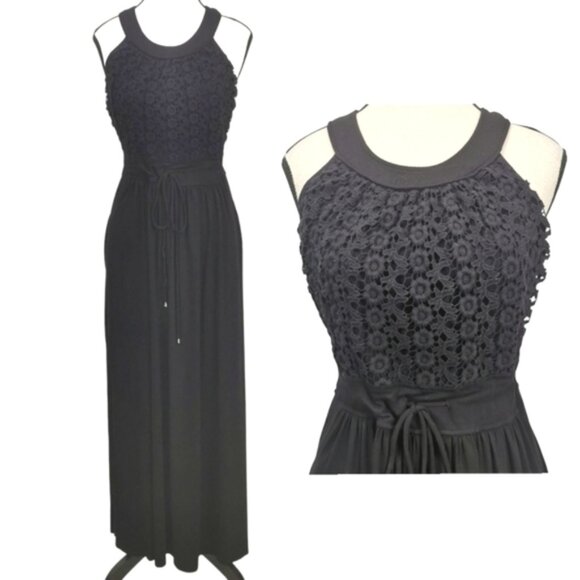 Calvin Klein Crochet Halter Drawstring Waist Black Maxi Dress - Sz S - Picture 1 of 4